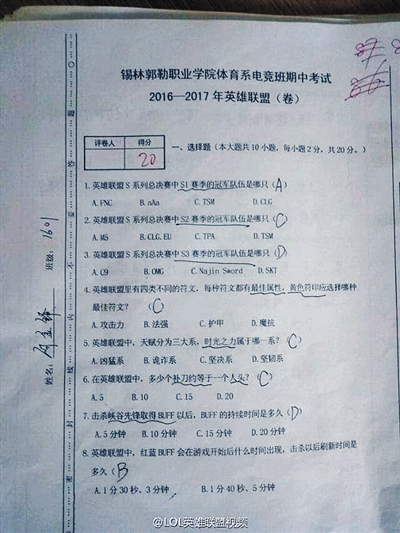 电竞专业学生何金铎的考卷。受访者供图