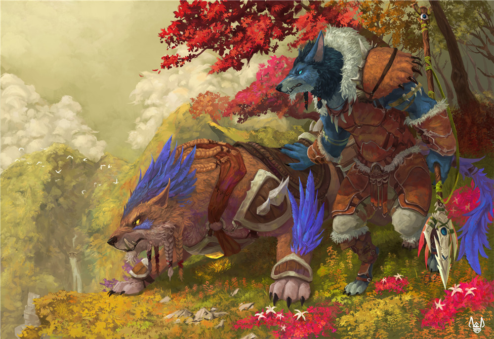 魔兽画作:艾泽拉斯的秋天 山顶远眺的狼人猎人