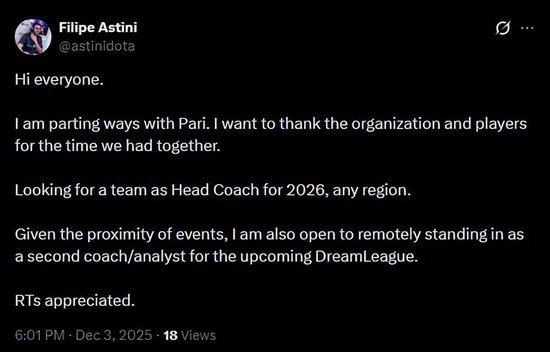 【蜗牛电竞】PVISION官宣:教练Astini离队【EV扑克小游戏官网】