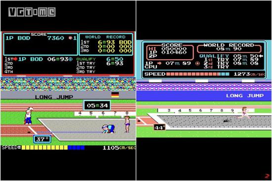 《Track&Field》街机版（左）比家用机版（右）有着更加丰富的细节
