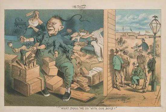 《排华法案》发布后，部分丑化、讽刺华人的漫画海报