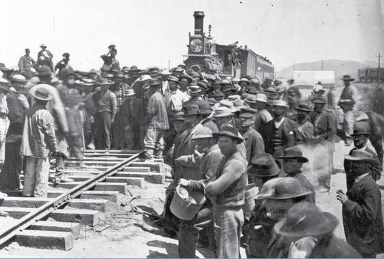 Chinese laying the last rail on May 10, 1869