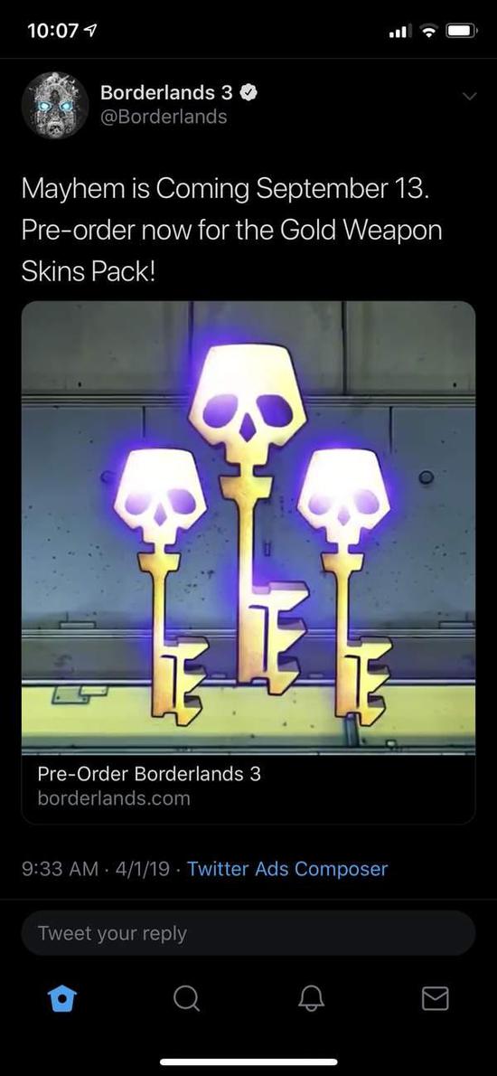 《无主之地3》预购还会有黄金武器皮肤奖励