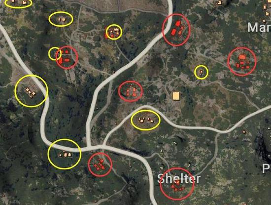 黄色圈圈是现在版本中的房区,都有墙体包围。