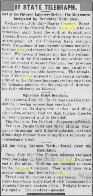 1867年,加州大地报关于华人罢工结束的新闻