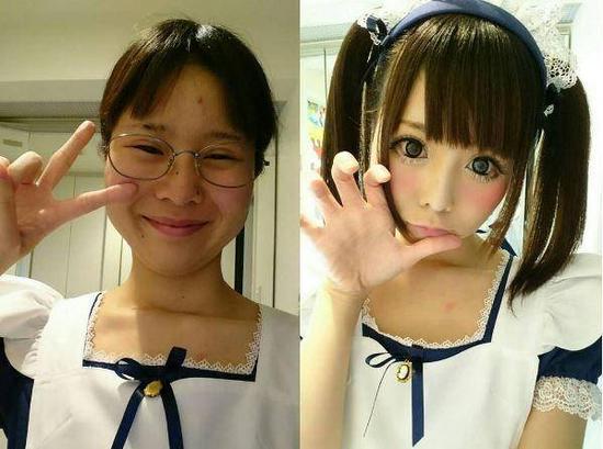 同一个人,同一件衣服,化妆前后判若两人。化妆前,她是一个小眼睛、单眼皮的朴素女孩,化妆后,她变身清纯可爱的二次元美少女,一双大眼睛与前者形成鲜明对比。