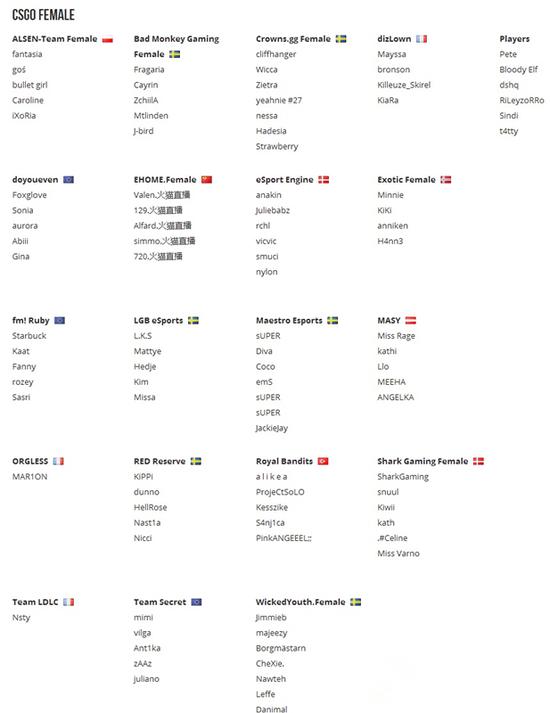 本次哥本哈根游戏节女子CS:GO赛事参赛队伍名单