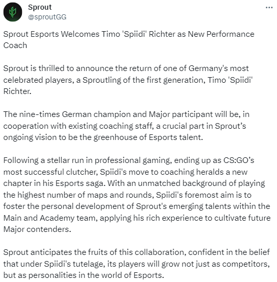 官宣：Spiidi加入Sprout担任绩效教练