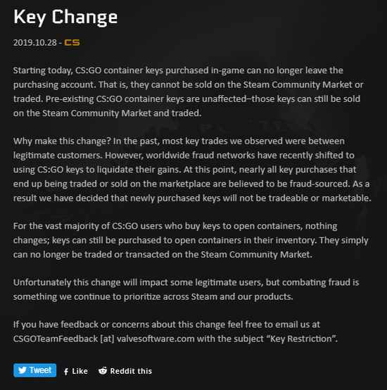 CSGO10.29游戏更新：钥匙不再进入Steam交易市场