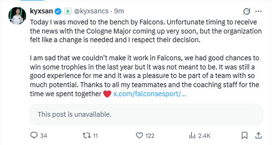 【蜗牛电竞】官宣：Falcons下放kyxsan【EV扑克小游戏官网】