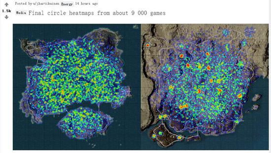 有玩家利用9000场游戏的数据，制作了《绝地求生》游戏决赛圈的热力分布图。