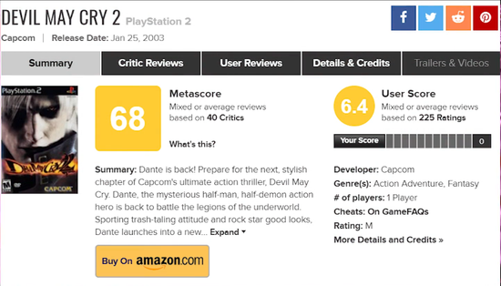 Metacritic上《鬼泣2》的平均分