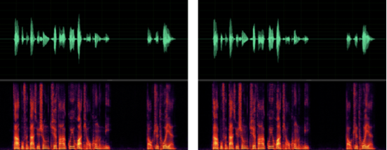 左图为原始语音，右图为GVoice AI Codec 编解码后语音，从波形上看右图语音保真度高，主观听感接近原始语音