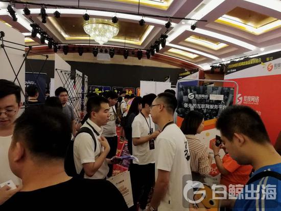 参展的出海行业人士在展台前交流洽谈