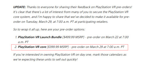 索尼宣布3月29日开启PS VR核心套件预售
