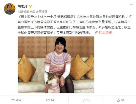 陶宏开认为网瘾可能是抑郁症的表现,不能以电击治疗