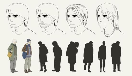 男主角的角色设计草稿。光是发型与胡子的变化，就反映了截然不同的性格。