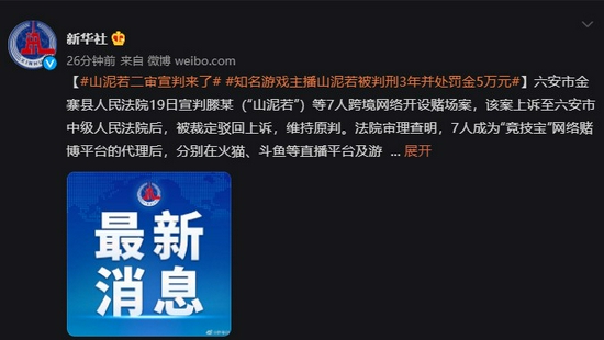 《英雄联盟》主播山泥若二审维持原判 获刑三年罚款五万