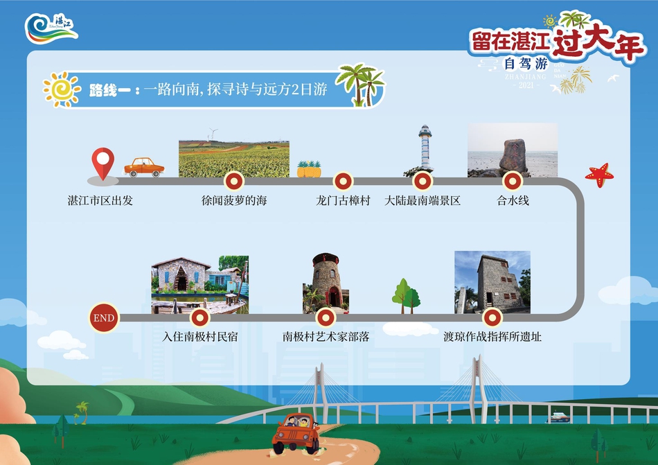 湛江市文化广电旅游体育局结合早前发布的50个网红打卡点，发布了十条“留在湛江过大年”自驾旅游线路。