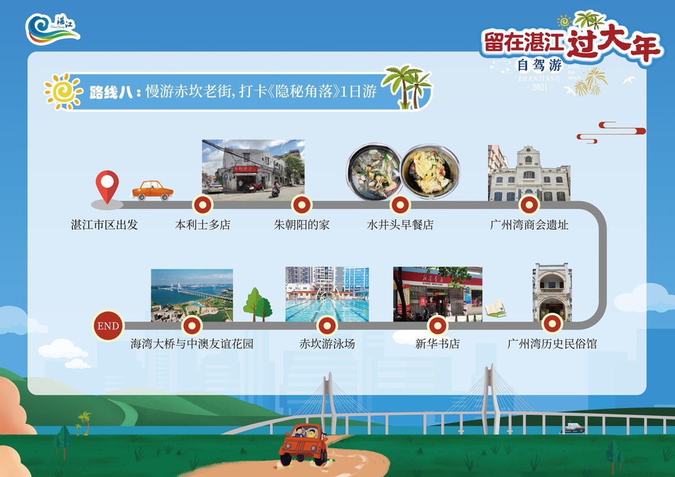 线路主要以湛江本地户外健康休闲旅游为主，分别根据各县（市）区的历史、生态、乡村文化旅游特色等组合出不同的文旅主题，囊括了众多或“上山下海”、好玩刺激、浪漫甜蜜，或悠闲放松、田园风光等体验，倡导以自驾车、自助游等方式出行。