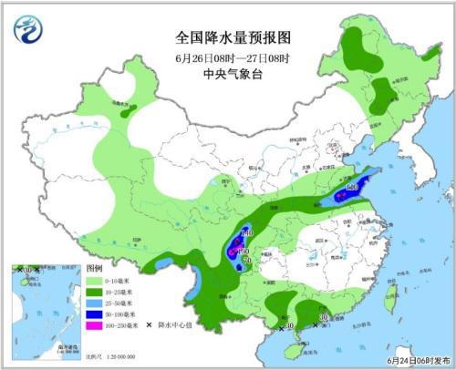 全国降水量预报图（6月26日08时-27日08时）