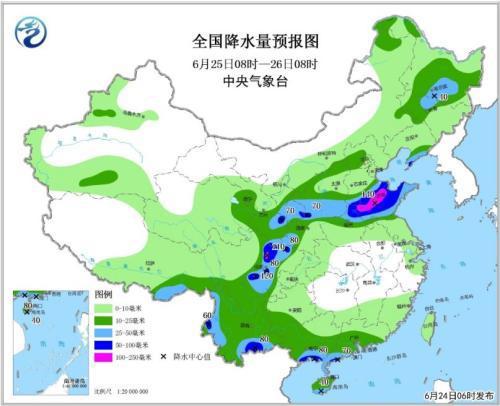 全国降水量预报图（6月25日08时-26日08时）