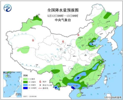 图1 全国降水量预报图(5月12日08时-13日08时)