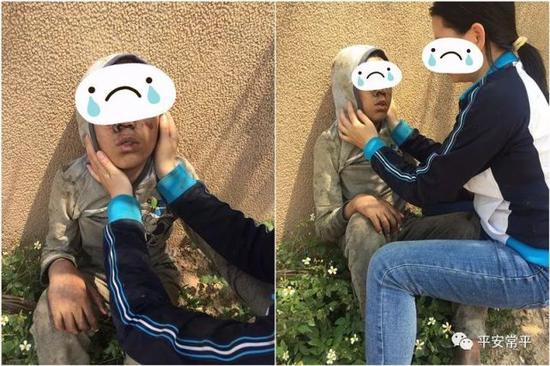 小孩浑身是伤,廖女士心疼地捧着儿子的脸