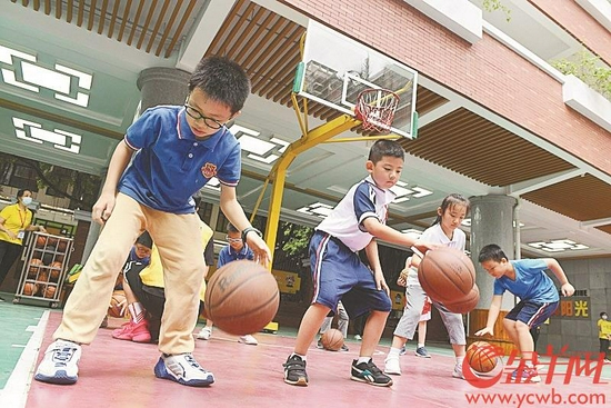 19日,在广州小北路小学天香街校区,暑期托管学生正在上篮球课 羊城晚报全媒体记者 林桂炎 摄