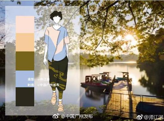 黄色的衬衣搭配蓝色的宽腿裤,