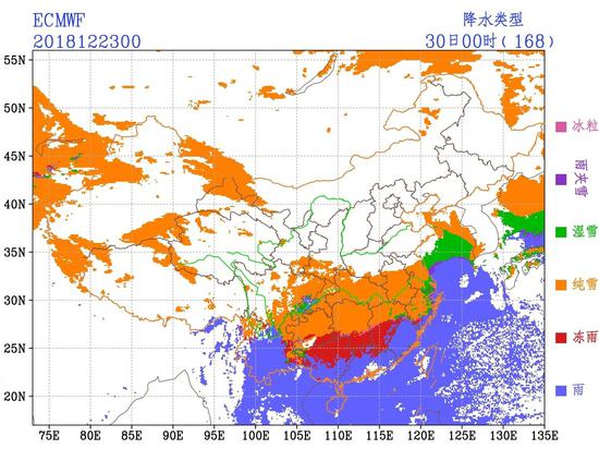 ECMWF模式对12月29-30日的降水类型预判，可见南方有大规模雨雪天气