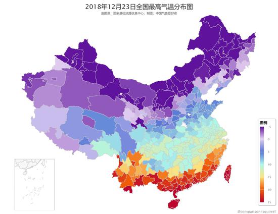 12月23日全国最高气温图显示，虽然东南沿海有所降温，但降幅有限。中气爱制作