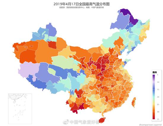 4月17日全国最高气温分布图，中气爱制作