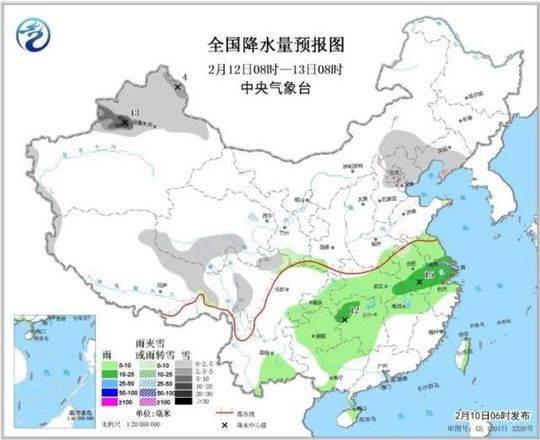 图3 全国降水量预报图(2月12日08时-13日08时)。图片来源：中央气象台网站