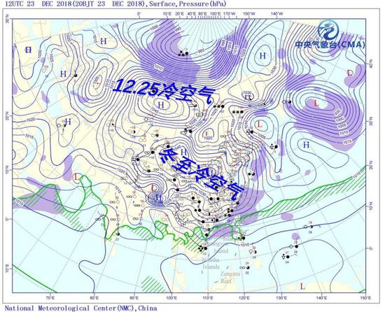 12月23日晚500百帕和地面天气形势，底图来自NMC，中气爱标注