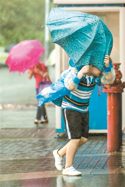 大风吹歪雨伞。 广州日报全媒体记者陈忧子摄