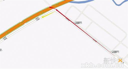 事发经过示意图。黄线是肇事车辆原本应走的路线，红线是它实际走的路线。