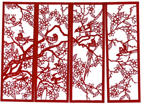 梁朗生上世纪70年代的作品《花鸟》四屏。