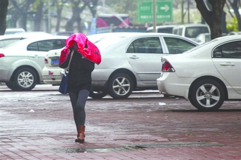 昨日，禅城区魁奇二路上，细雨纷飞，一市民将衣服套在头上防雨。/佛山日报记者王伟楠摄