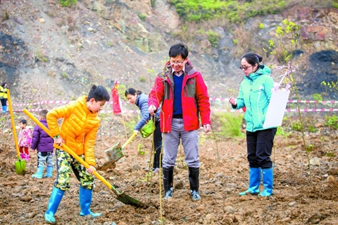 家长带着小朋友种植具有纪念意义的树苗。/佛山日报见习记者王澍摄