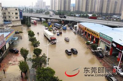 虎门长德路遭水浸,成了一条“黄河”,过往车辆在积水中前进。记者 雷元全 摄