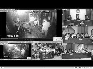 庭审网络视频直播截图。14名被告人在庭审现场。