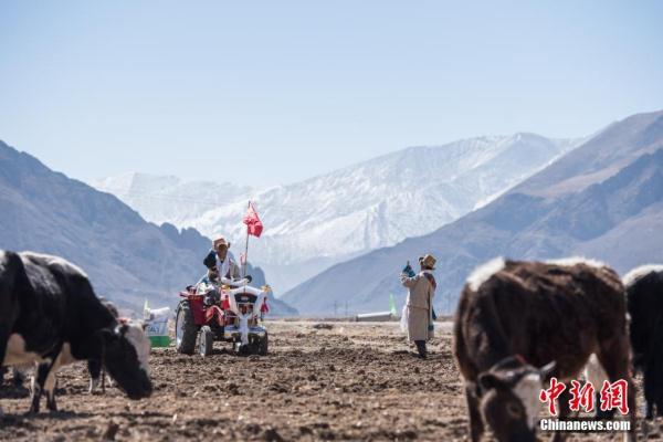 3月16日，西藏拉萨堆龙德庆区马乡马村春耕仪式结束后，在一旁拍照留影的村民们。