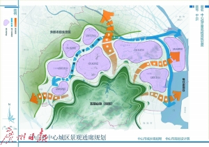 中心城区景观通廊规划图：粉色区域为城市建设区，蓝色区域为岐江水景廊带，黄色区域为景观绿廊。