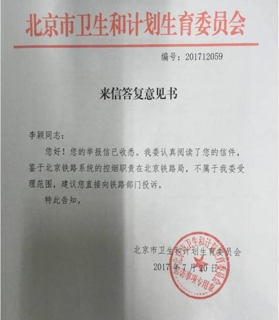 北京市卫计委关于控烟职责的答复。