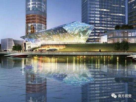 △上海长滩音乐厅被命名为“水晶”。建筑设计借鉴了水晶的意象,能够满足百人规模的三管交响乐团的最高规格演出。