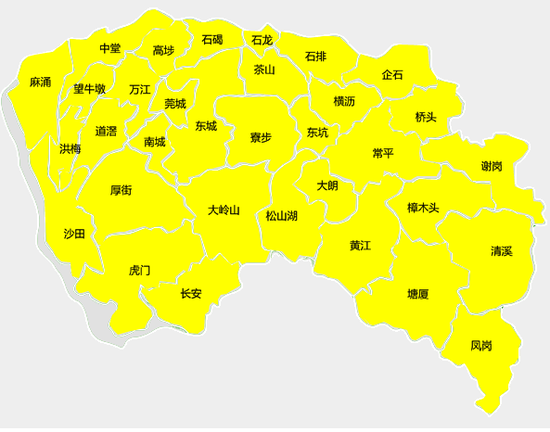 东莞市气象台于8月26日16时47分将分镇雷雨大风黄色预警信号扩展至全市