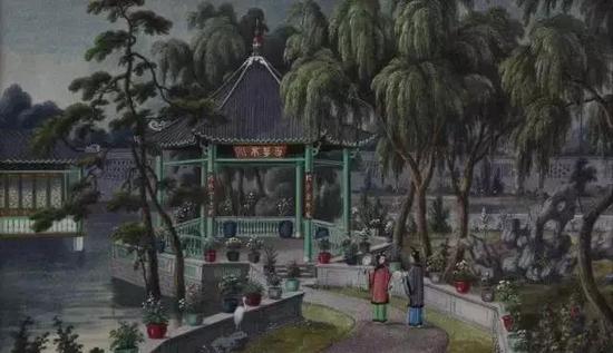 19世纪的纸本/通草水彩园景仕女图