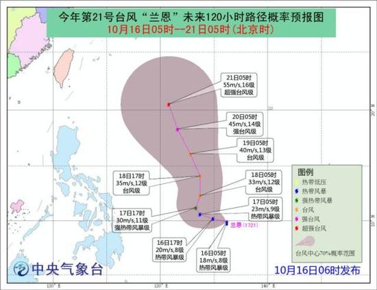 中央气象台10月16日06时发布的今年第21号台风“兰恩”后期移动路径概率图