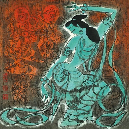 《敦煌舞姿之三》中国画 68cm×68cm 1994年